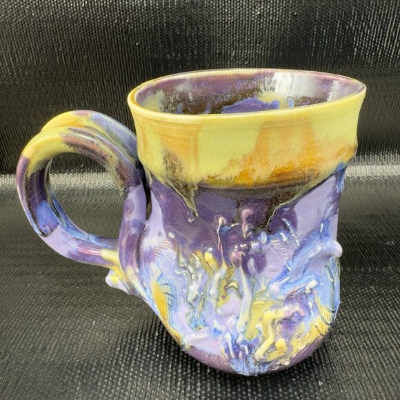 Vintage Hand Made Studio Pottery Coffee Mug Cup Heavy Drip Glaze Textured Mug - Picture 1 of 14